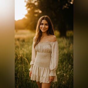 Off-Shoulder Cream Mini Dress with Ruffle Hem